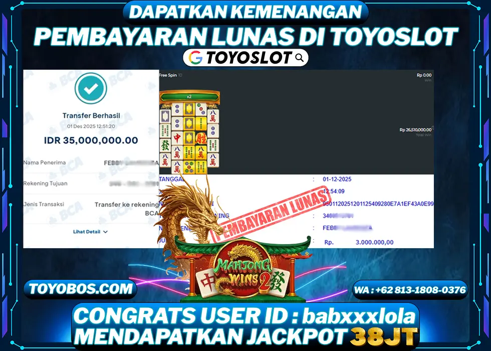 TOYOSLOT - BUKTI KEMENANGAN Mahjong Wins 2 Rp38,000,000,- LUNAS